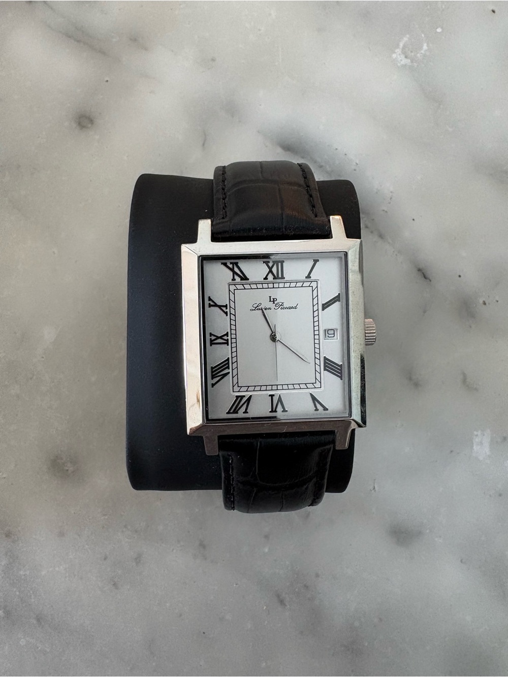 Lucien Piccard Silver-Tone Square Watch with Black Leather Strap
